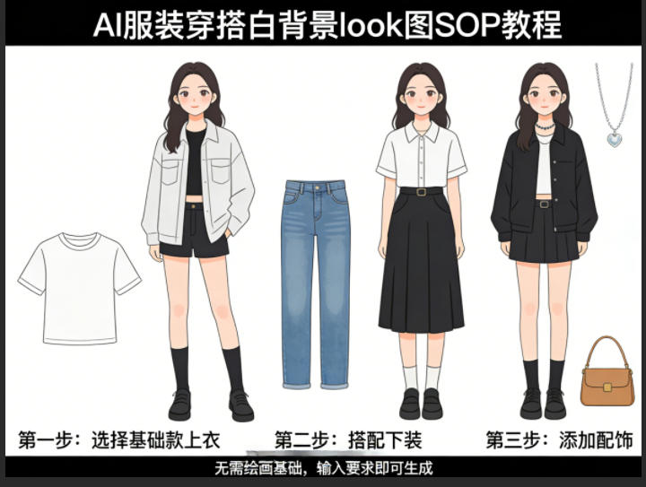 AI服装穿搭：白背景look图，SOP教程-AI创作学习-提示词应用-短视频玩法野草AI资源学习网