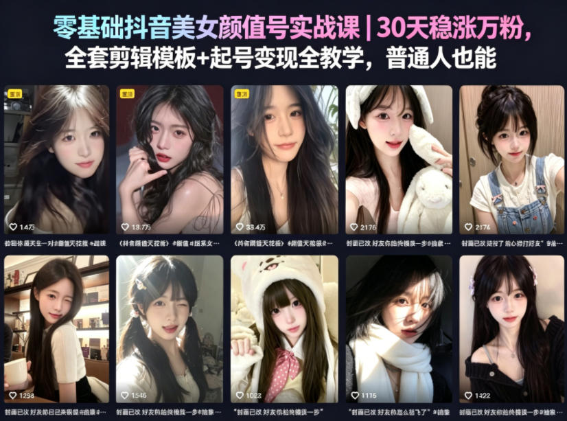 抖音美女颜值号实战课｜30天稳涨万粉，全套剪辑模板+起号变现全教学-AI创作学习-提示词应用-短视频玩法野草AI资源学习网