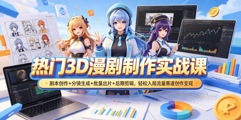 热门3D漫剧制作实战课，剧本创作+分镜生成+批量出片+后期剪辑-AI创作学习-提示词应用-短视频玩法野草AI资源学习网