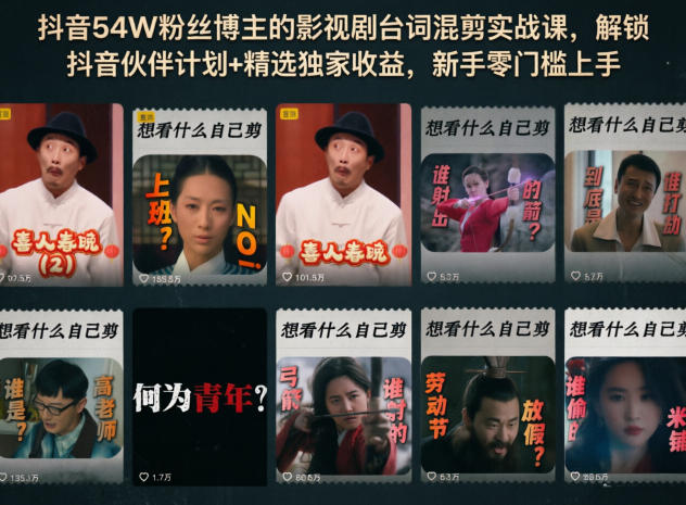 抖音54W粉丝博主:【影视剧台词混剪】实战课,解锁抖音伙伴计划+精选独家收益-AI创作学习-提示词应用-短视频玩法野草AI资源学习网