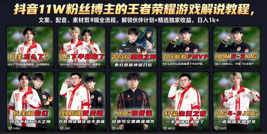 抖音11W粉丝博主:【王者荣耀游戏解说】教程,文案、配音、素材剪辑全流程,日入1k+-AI创作学习-提示词应用-短视频玩法野草AI资源学习网