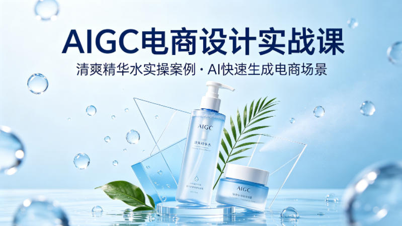 AIGC电商设计实战课，以清爽精华水为实操案例，教你用AI快速生成电商场景-AI创作学习-提示词应用-短视频玩法野草AI资源学习网