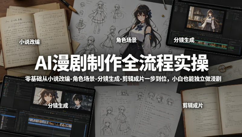 秦川AI漫剧制作全流程实操：零基础从小说改编-角色场景-分镜生成-剪辑成片一步到位-AI创作学习-提示词应用-短视频玩法野草AI资源学习网