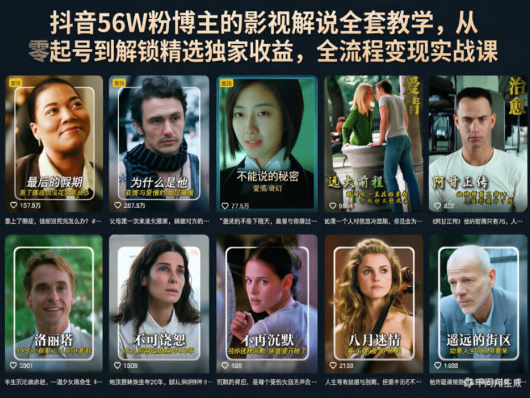 抖音56W粉博主：【影视解说】全套教学，从零起号到解锁精选独家收益，全流程变现实战课-AI创作学习-提示词应用-短视频玩法野草AI资源学习网