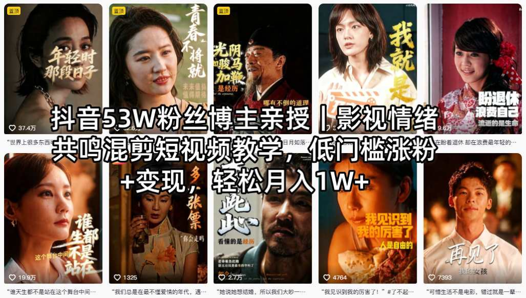 抖音53W粉丝博主亲授：【影视情绪共鸣混剪】短视频教学，涨粉+变现，轻松月入1W+-AI创作学习-提示词应用-短视频玩法野草AI资源学习网