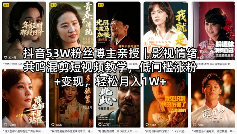 抖音53W粉丝博主亲授：【影视情绪共鸣混剪】短视频教学，涨粉+变现，轻松月入1W+-AI创作学习-提示词应用-短视频玩法野草AI资源学习网
