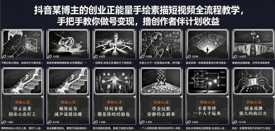 抖音某博主：【创业正能量手绘素描】短视频全流程教学，手把手教你做号变现【直播课+提示词】-AI创作学习-提示词应用-短视频玩法野草AI资源学习网