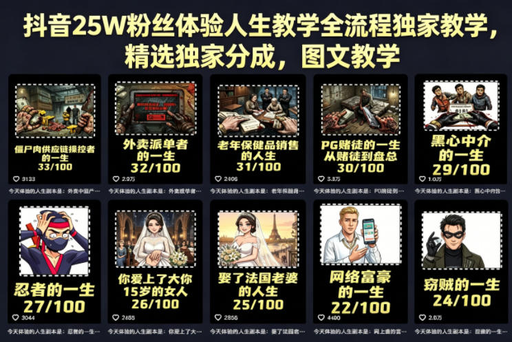 抖音25W粉丝：【体验人生】全流程独家教学，精选独家分成，图文教学-AI创作学习-提示词应用-短视频玩法野草AI资源学习网