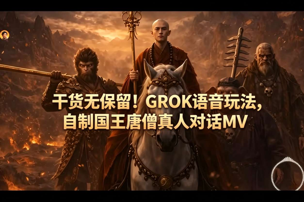 短视频玩法：GROK语音玩法，自制国王唐僧真人对话MV-AI创作学习-提示词应用-短视频玩法野草AI资源学习网