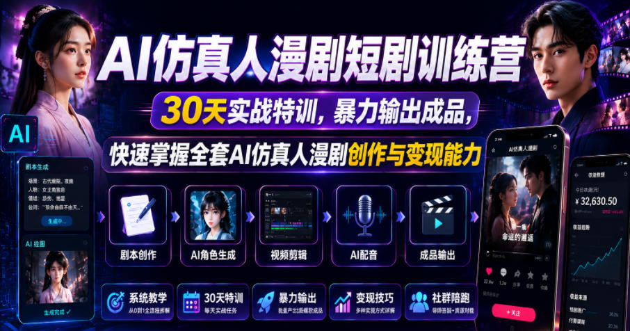 AI仿真人漫剧短剧训练营，30天实战特训，暴力输出成品，快速掌握全套AI仿真人漫剧创作与变现能力-AI创作学习-提示词应用-短视频玩法野草AI资源学习网