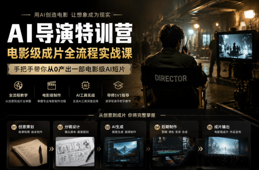 AI导演特训营，电影级成片全流程实战课，手把手带你从0产出一部电影级AI短片【附分镜提示词】-AI创作学习-提示词应用-短视频玩法野草AI资源学习网