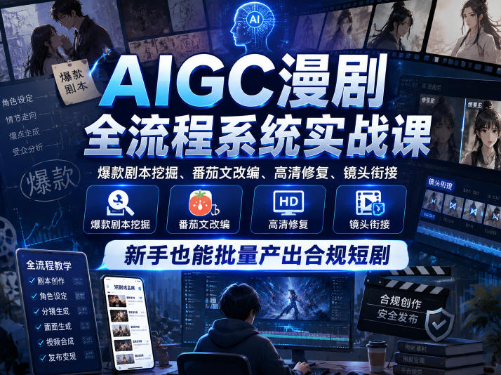 AIGC漫剧全流程系统实战课，爆款剧本挖掘、番茄文改编、高清修复、镜头衔接，新手也能批量产出合规短剧-AI创作学习-提示词应用-短视频玩法野草AI资源学习网
