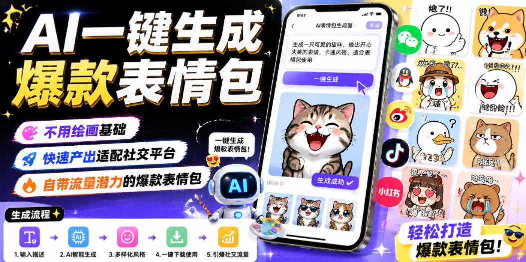 AI一键生成爆款表情包:不用绘画基础,快速产出适配社交平台,自带流量潜力的爆款表情包-AI创作学习-提示词应用-短视频玩法野草AI资源学习网