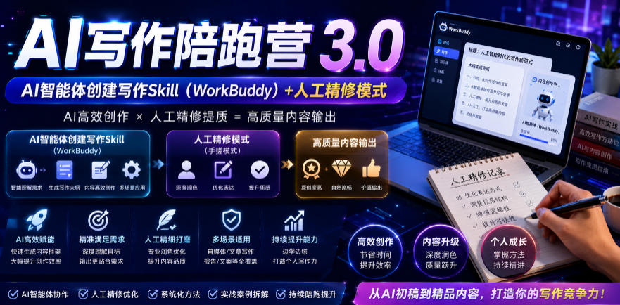 刘易超：AI写作陪跑营3.0，Ai智能体创建写作skill（workbuddy）+人工手写模式（手搓模式），去除AI痕迹（头条号、公众号、百家号）-AI创作学习-提示词应用-短视频玩法野草AI资源学习网