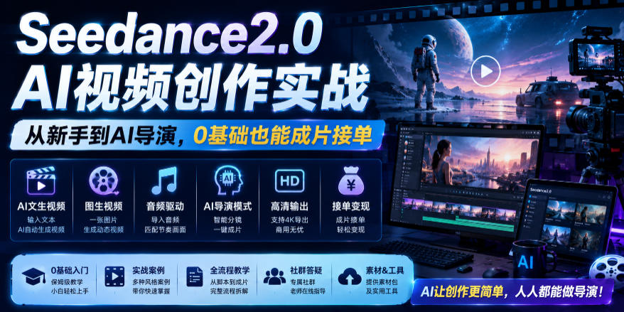 Seedance2.0 AI视频创作实战,从新手到AI导演,0基础也能成片接单变现-AI创作学习-提示词应用-短视频玩法野草AI资源学习网