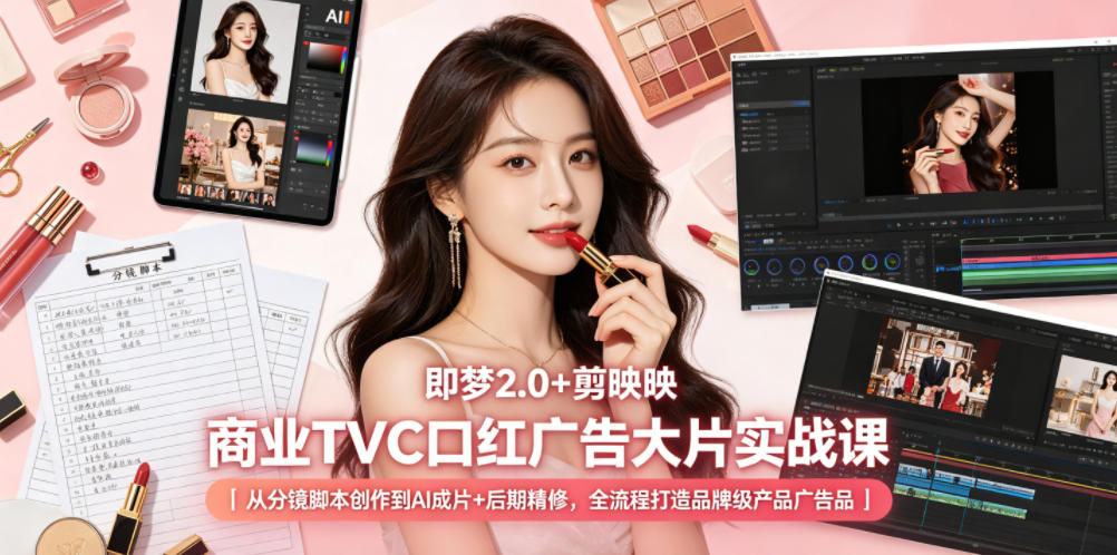 即梦2.0+剪映商业TVC口红广告大片实战课｜从分镜脚本创作到AI成片+后期精修【附工具+提示词】-AI创作学习-提示词应用-短视频玩法野草AI资源学习网