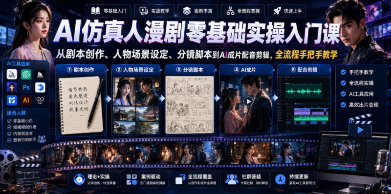 AI仿真人漫剧零基础实操入门课,从剧本创作、人物场景设定、分镜脚本到AI成片配音剪辑-AI创作学习-提示词应用-短视频玩法野草AI资源学习网
