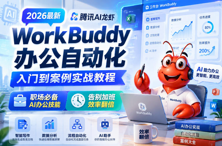 腾讯AI龙虾WorkBuddy办公自动化入门到案例实战教程,职场必备AI办公技能-AI创作学习-提示词应用-短视频玩法野草AI资源学习网