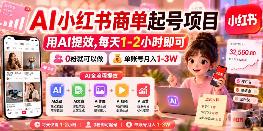 AI小红书商单起号项目,用AI提效,每天1-2小时即可,0粉就可以做,单账号月入1-3W-AI创作学习-提示词应用-短视频玩法野草AI资源学习网