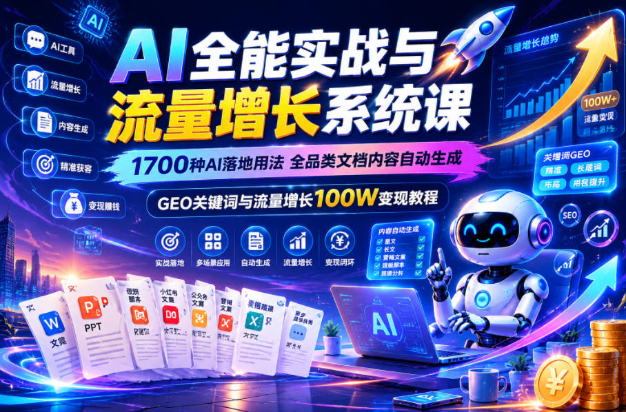 AI全能实战与流量增长系统课,1700种AI落地用法,全品类文档内容自动生成,GEO关键词与流量增长100W变现教程-AI创作学习-提示词应用-短视频玩法野草AI资源学习网
