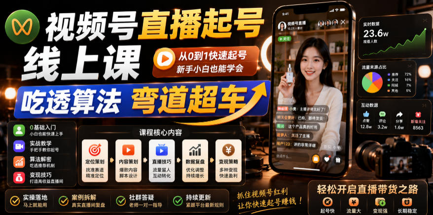 天诺老吴:视频号直播起号线上课,吃透算法弯道超车(2026年6月)-AI创作学习-提示词应用-短视频玩法野草AI资源学习网