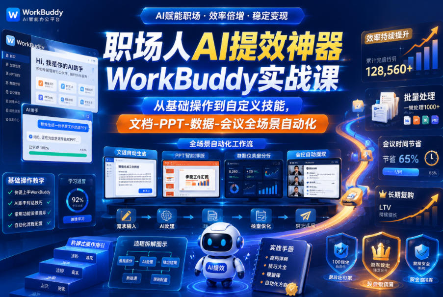 WorkBuddy实战课，从基础操作到自定义技能，文档-PPT-数据-会议全场景自动化-AI创作学习-提示词应用-短视频玩法野草AI资源学习网