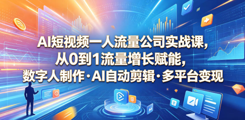 AI短视频一人流量公司实战课,从0到1流量增长赋能,数字人制作・AI自动剪辑・多平台变现-AI创作学习-提示词应用-短视频玩法野草AI资源学习网