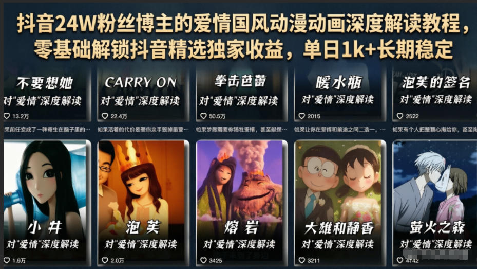 抖音24W粉丝博主:【爱情国风动漫动画】深度解读教程,解锁抖音精选独家收益,单日1k+-AI创作学习-提示词应用-短视频玩法野草AI资源学习网