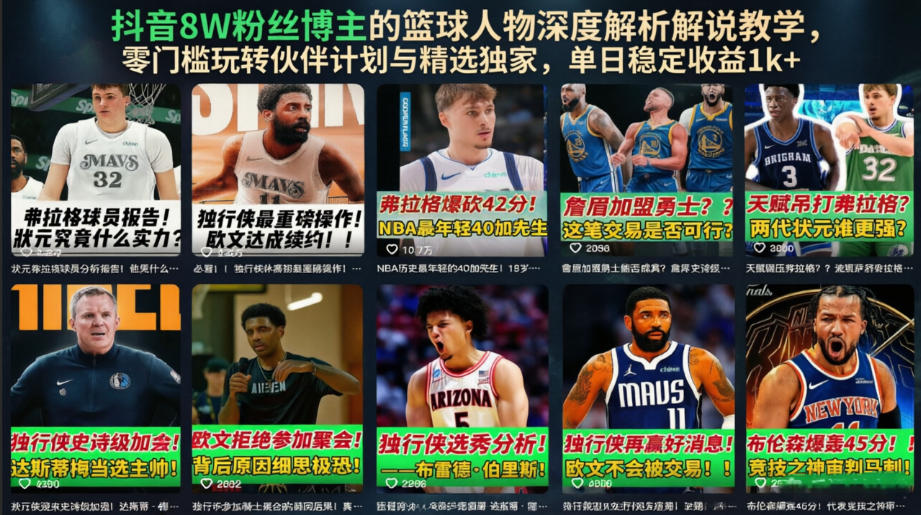 抖音8W粉博主:【篮球人物深度解析解说】教学,伙伴计划与精选独家,单日稳定收益1k-AI创作学习-提示词应用-短视频玩法野草AI资源学习网