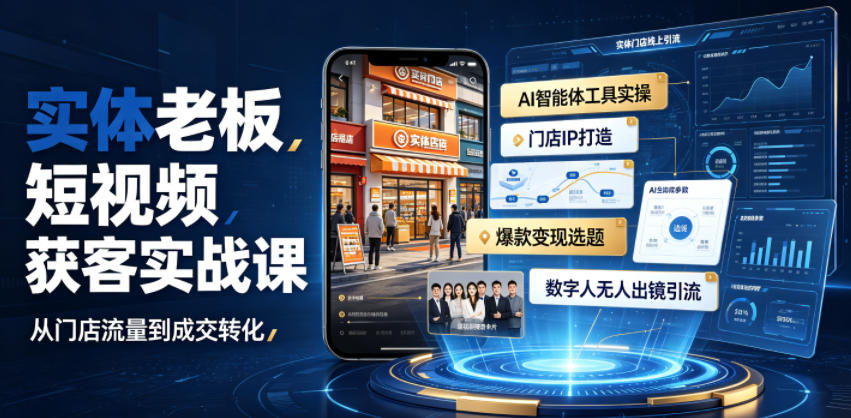 实体老板短视频获客实战课｜AI智能体工具全套实操、门店IP打造、爆款变现选题、数字人无人出镜引流完整教程-AI创作学习-提示词应用-短视频玩法野草AI资源学习网