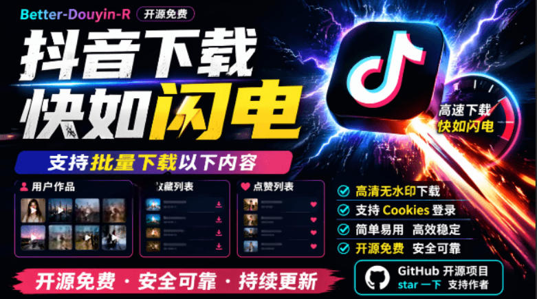 【工具】抖音下载快如闪电,支持批量下载用户作品收藏列表和点赞列表,开源免费-AI创作学习-提示词应用-短视频玩法野草AI资源学习网