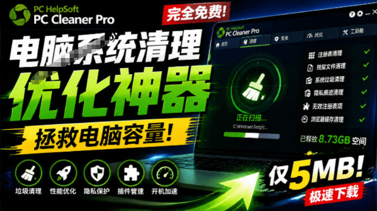 电脑清理神器，拯救电脑容量，仅5MB，完全免费使用PC Cleaner Pro-AI创作学习-提示词应用-短视频玩法野草AI资源学习网