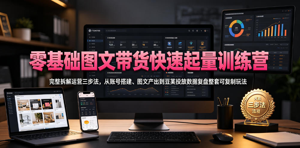 零基础图文带货快速起量训练营,完整拆解运营三步法,从账号搭建、图文产出到豆荚投放,数据复盘,整套可复制玩法-AI创作学习-提示词应用-短视频玩法野草AI资源学习网