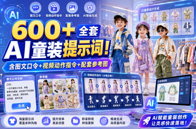 600+全套AI童装提示词！含图文口令+视频动作指令+配套参考图-AI创作学习-提示词应用-短视频玩法野草AI资源学习网