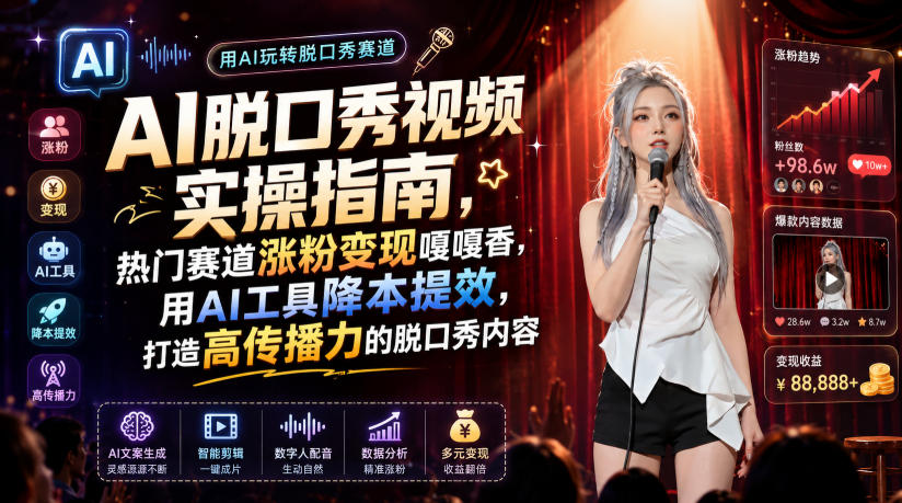 AI脱口秀视频实操指南，热门赛道涨粉变现嘎嘎香，用AI工具降本提效，打造高传播力的脱口秀内容-AI创作学习-提示词应用-短视频玩法野草AI资源学习网