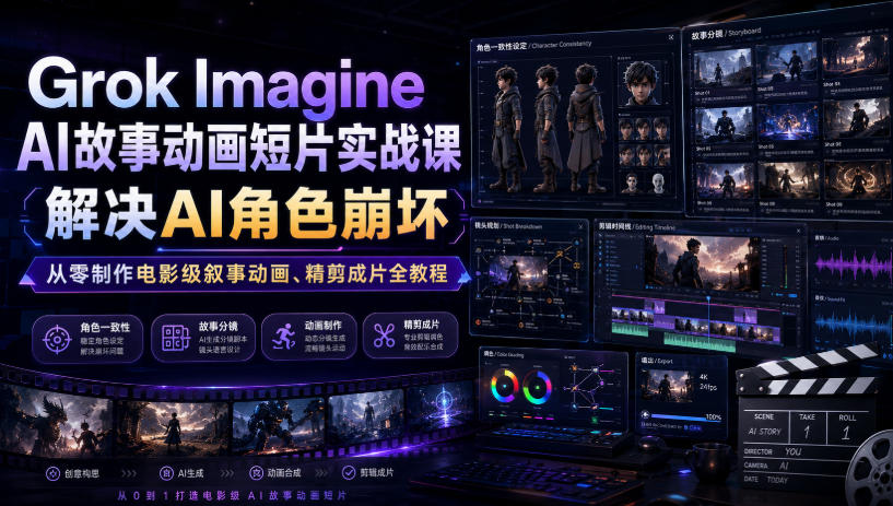 Grok Imagine AI故事动画短片实战课｜解决AI角色崩坏，从零制作电影级叙事动画、精剪成片全教程（中英字幕）-AI创作学习-提示词应用-短视频玩法野草AI资源学习网