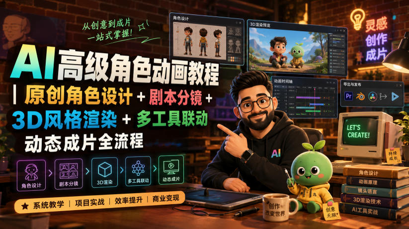 AI高级角色动画教程｜原创角色设计+剧本分镜+3D风格渲染+多工具联动动态成片全流程【中英字幕】-AI创作学习-提示词应用-短视频玩法野草AI资源学习网