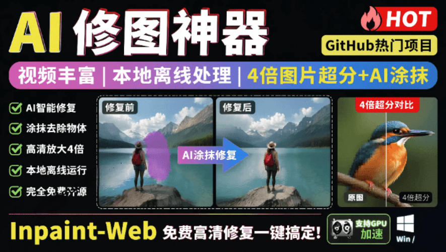 本地离线处理,4倍图片超分+AI涂抹去水印!Github上热门神器,免费高清修复图一键搞定!-AI创作学习-提示词应用-短视频玩法野草AI资源学习网