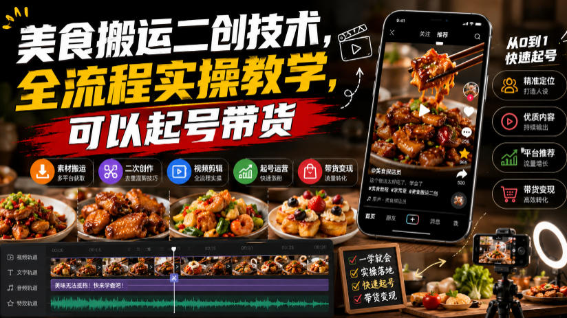 美食搬运二创技术,全流程实操教学,可以起号带货-AI创作学习-提示词应用-短视频玩法野草AI资源学习网