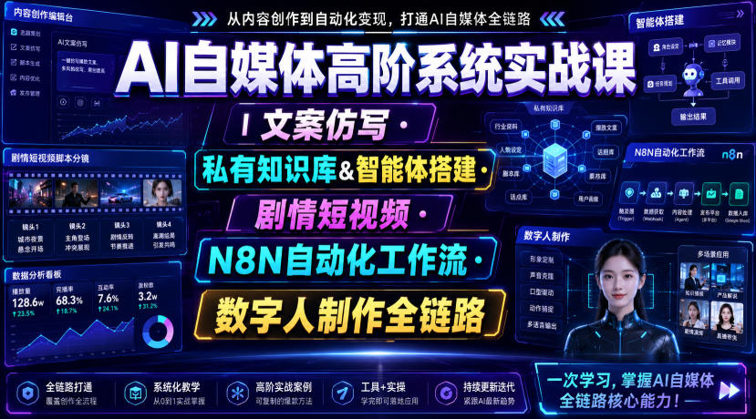 AI自媒体高阶系统实战课｜文案仿写・私有知识库&智能体搭建・剧情短视频・N8N自动化工作流・数字人制作全链路-AI创作学习-提示词应用-短视频玩法野草AI资源学习网