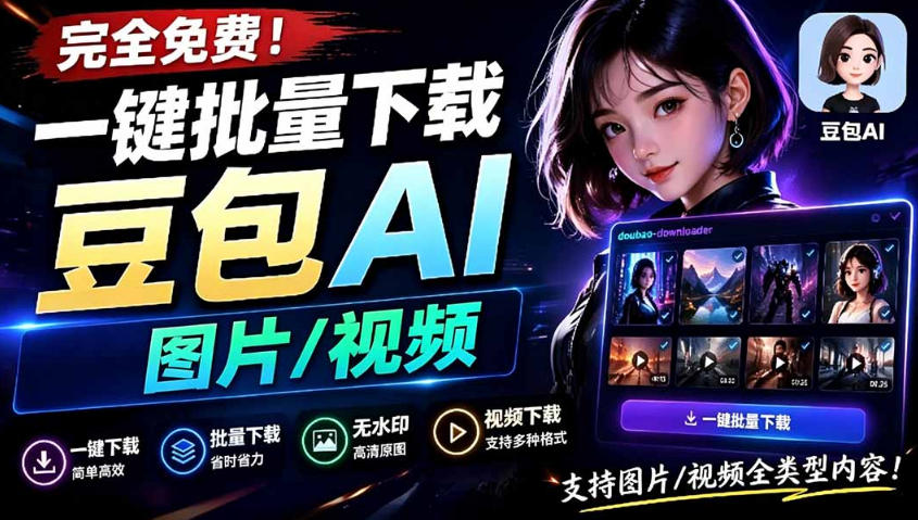 Github最新发布!一键批量下载豆包AI无水印图片/视频,简单易用,自动解析提示词-AI创作学习-提示词应用-短视频玩法野草AI资源学习网