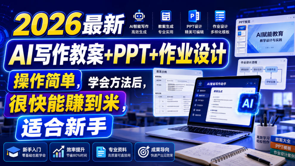 AI写作教案+PPT+作业设计，操作简单，学会方法后，很快能賺到米，适合新手-AI创作学习-提示词应用-短视频玩法野草AI资源学习网