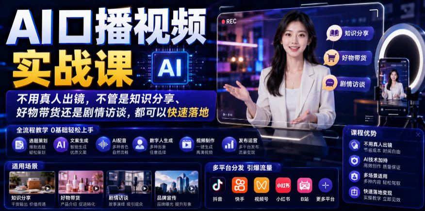 AI口播视频实战课,不用真人出镜,不管是知识分享、好物带货还是剧情访谈,都可以快速落地-AI创作学习-提示词应用-短视频玩法野草AI资源学习网