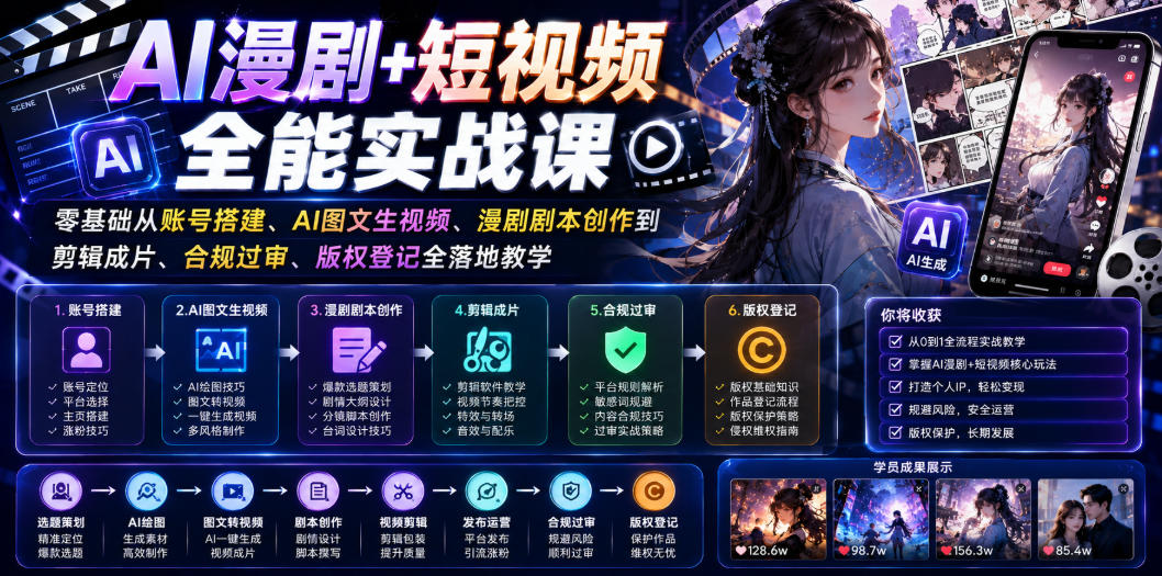AI漫剧+短视频全能实战课|零基础从账号搭建、AI图文生视频、漫剧剧本创作到剪辑成片、合规过审、版权登记全落地教学-AI创作学习-提示词应用-短视频玩法野草AI资源学习网