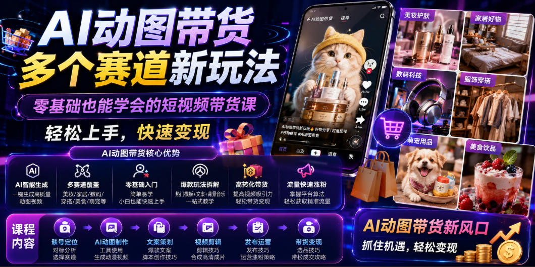 AI动图带货多个赛道新玩法,零基础也能学会的短视频带货课-AI创作学习-提示词应用-短视频玩法野草AI资源学习网