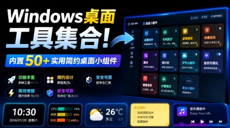 Windows桌面工具集合!内置50+实用简约桌面小组件,含截图、录屏、翻译、天气等,多秘工具箱-AI创作学习-提示词应用-短视频玩法野草AI资源学习网