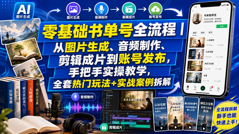 零基础书单号全流程|从图片生成、音频制作、剪辑成片到账号发布,手把手实操教学,全套热门玩法+实战案例拆解-AI创作学习-提示词应用-短视频玩法野草AI资源学习网