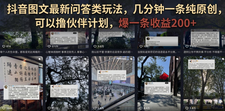 抖音图文最新问答类玩法,几分钟一条纯原创,可以撸伙伴计划,爆一条收益200+-AI创作学习-提示词应用-短视频玩法野草AI资源学习网