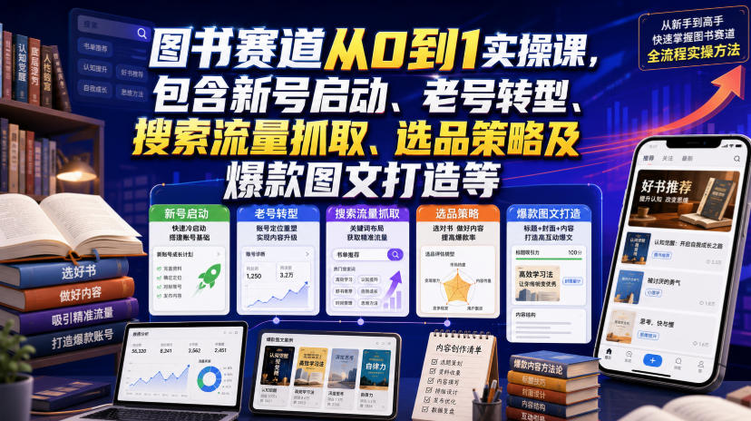 图书赛道从0到1实操课,包含新号启动、老号转型、搜索流量抓取、选品策略及爆款图文打造等-AI创作学习-提示词应用-短视频玩法野草AI资源学习网