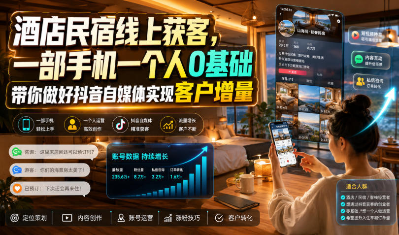 酒店民宿线上获客,一部手机一个人0基础带你做好抖音自媒体实现客户增量-AI创作学习-提示词应用-短视频玩法野草AI资源学习网